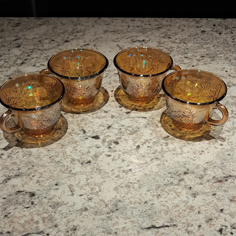 Set of 4 Marigold Carnival Glass Punch Glasses "Harvest Grape" Pattern 1970s